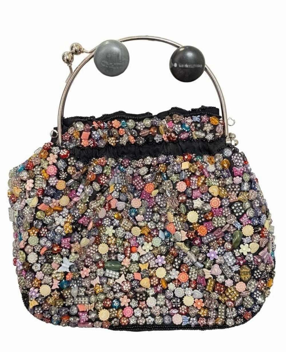 La Viola Y2K Hand-Beaded Evening Bag Floral & Butterfly Beads & Kiss Lock
